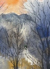 Pamela Wilhelm original 5”x7” Whimsical Watercolor Sunrise Truck Headlights Road