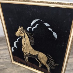 VTG Black Velvet Painting Horse on Cliff Kitsch Pro Framed Wall Art 21.5×25.5