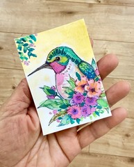 Hummingbird Among Blossoms ACEO Original Watercolor Painting OOAK Art AdriO