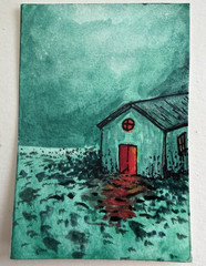 Eerie beach house with red door signed aceo ooak painting 2.25”x3.25”