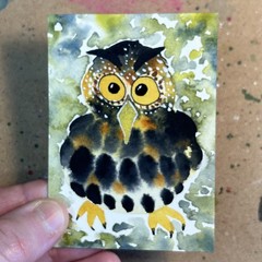 Edmund the Lantern Lighter ACEO Original Painting Owl Art Card 2.5×3.5 OOAK
