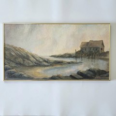 Vintage MCM Coastal Seascape Oil Painting Masonite New England Fishing Shack 60s