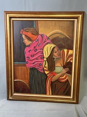 Market Harvest Women Colorful Textiles Gold Hoops Original Painting Signed Sal