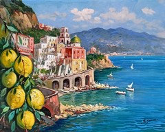 ATRANI PAINTING BLUE SEA LEMONS PAINTER SOMMA ITALY WALL DECOR AMALFI COAST