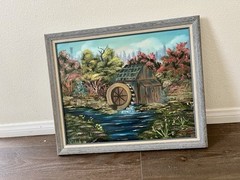Vintage Framed Landscape Painting With Water mill 19/23 Inches