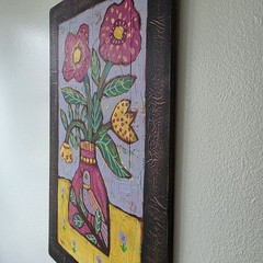 Folk Art ORIGINAL Bird Botanical Flower Vase Pot Botanical Whimsy Leaf Pink