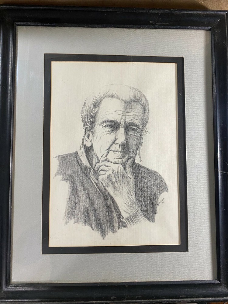 Nice Vintage C.H Wilson „Portrait Of An Older Figure“ Charcoal Drawing – Framed