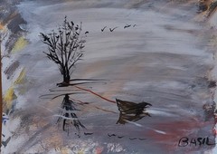 Original 11×14 Acrylic Landscape on Paper Lone Tree Boat Reflection Art