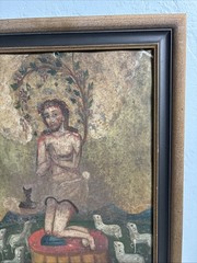 19th Century Retable Religious Mexican Oil Tin Painting Precious Blood of Christ