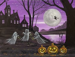 ACEO PRINT OF PAINTING RYTA HALLOWEEN BLACK CAT Folk Art house haunted Dance Jol