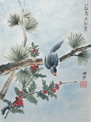SANDI GRUBBS „BLUEBIRD AND RED BERRIES“ ORIGINAL WATERCOLOR PAINTING