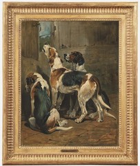 Hand Painted Oil Painting Animals Foxhounds at door Antique Style Classical Art