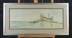 Watercolor Painting – Lighthouse & Homestead on Sea Coast – Janice Berigan