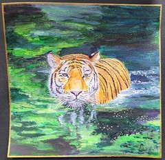 Tiger Swimming Big Cat Original Watercolor Painting Paper 8×8 Inches Signed