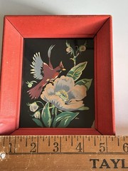 Original Folk Art Cardinal Bird Floral Painting Red Wood Frame Signed Lou 5×6