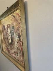 Vintage Kissing/Fighting Roosters Oil On Canvas 60s Spain Framed Art Signed mcm