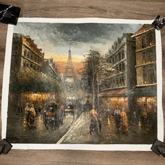 Vintage Unframed Original Oil Painting Paris Street Scene Travel Art 27”x 23”
