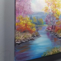 Autumn River Landscape Oil Painting Original Nature Wall Art Canvas Decor 10×10