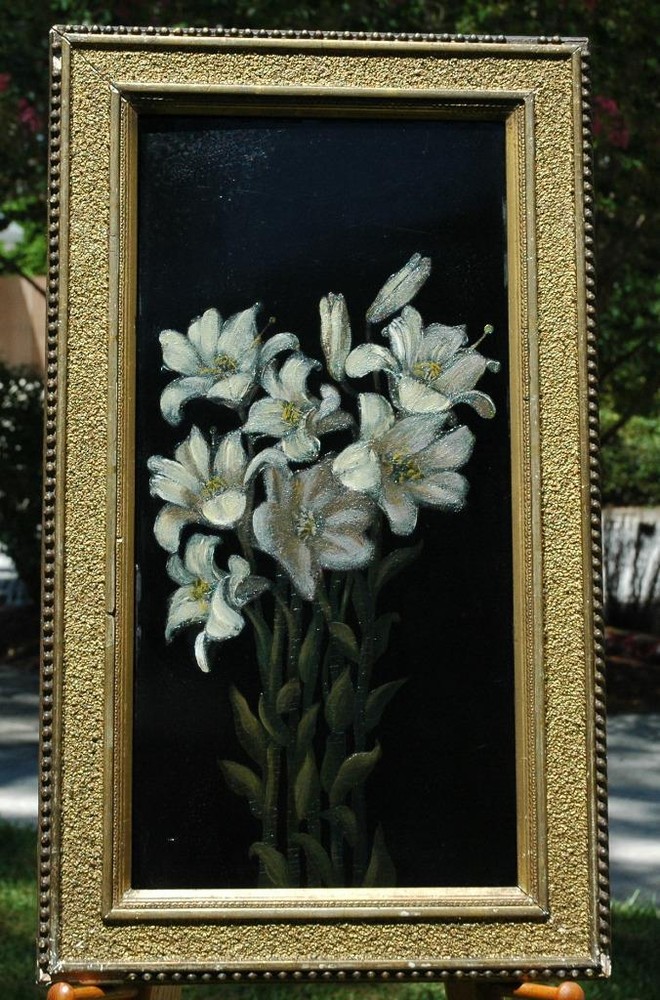 Antique Original Oil on Wood Panel of Easter Lilies Style of George Lambdin