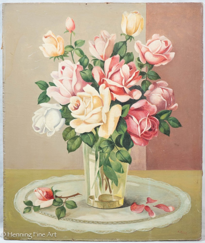 Stunning Vintage Oil Painting of Pink Roses in Clear Vase Signed A. Ruiz, Fine!