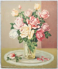 Stunning Vintage Oil Painting of Pink Roses in Clear Vase Signed A. Ruiz, Fine!