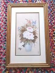 Asian Painting on Silk Flower Vase Gold Bamboo Frame Double Mat Signed 14 X 22