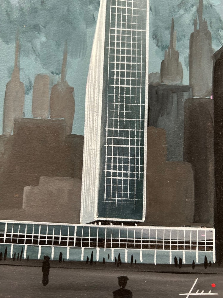 Midcentury Modern Art, architectural rendering, 5 x 7 1/4″, original painting