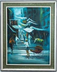 Vintage Mid Century Painting of Asian City Street Scene in Blues Signed & Fine