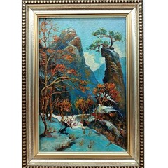 Mountain Landscape Original Oil Painting 4×6 Framed Signed Pine Tree Rock Art