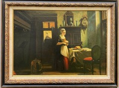 Vintage Dutch Interior Genre Oil Painting Woman Kitchen Scene Signed Vollen