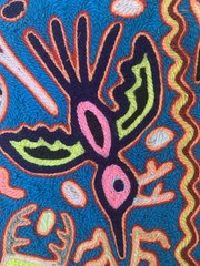 Hiichol vintage yarn painting from Nayarit Mexico 30 x 20-1/2, ca 1980