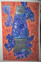 Cat and Fish Lava Lamp Acrylic Painting On Mixed Media Paper Art 5.5 X 8.5