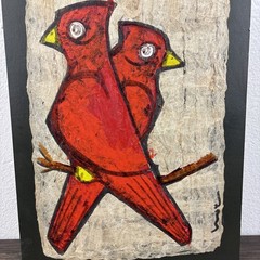 Mid Century Modern 1960s Textured Paper Cardinal Painting Mounted Wood Art MCM