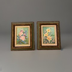 VTG 1960’s Still Life Floral Oil Paintings in Green Gold Frames 11” X 9” Set