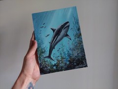 Shark Original Oil Painting. Underwater Predator Art. Big Shark In Ocean Depth