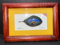 Costa Rica Hand Painted Bird Feather Art, Framed, Signed by Artist, 6.5” X 4.5