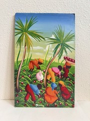 Vintage Haitian Folk Art Painting Signed Sony Coffee Harvest Scene Acrylic Board
