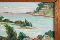 Mid Century Coastal Village Scene Village Oil Painting Illegible Signature 1952