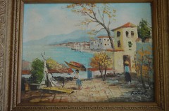 ORIGINAL ITALIAN SCHOOL PAINTING SIGNED MEDITERRANEAN VILLAGE SCENE FRAMED O/C