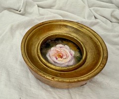 Romantic Pink Rose Miniature Oil Painting in Vintage Gold Frame – Flower Art
