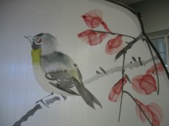 artist hand painted bird on cherry tree branch silk wall hanging 10 x 10 1/2