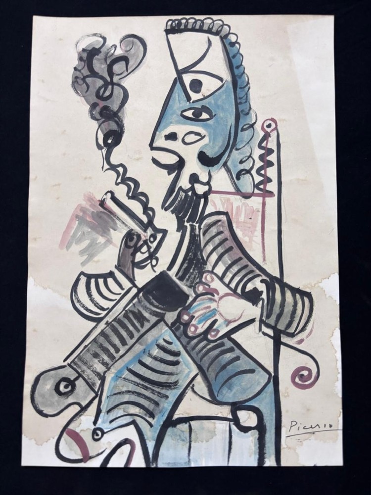 PICASSO drawing and painting on old paper signed stamped vintage