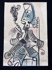 PICASSO drawing and painting on old paper signed stamped vintage