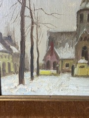 Early VTG European Impressionist Oil On Board Church Scene Louis De Saeger