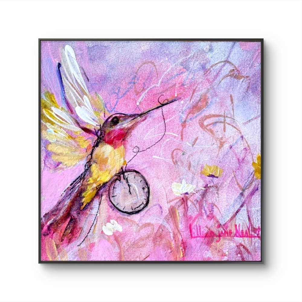 Ethereal Flutter 12″x12″ Abstract Oil Cradled Wood Expressionsim Hummingbird
