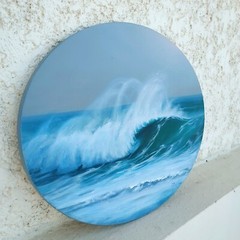 Blue Ocean wave Oval Seascape Oil Painting Original Canvas Art 16×20″ Stormy Sea