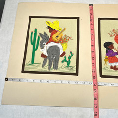 Vtg Mexican Folk Art Painting on Burlap Set 2 Boy Girl Donkey Family Cactus Guit