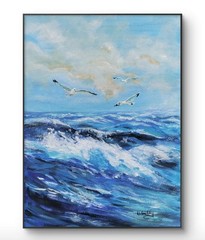 Original Expressionism 9 x 12 Blue Ocean Waves Acrylic Wall Canvas Art Painting