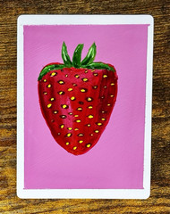 ACEO Original Painting Art Card Strawberry Pink Fruit Miniature Acrylic Signed