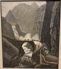 Vintage Devils Bridge with People Watercolor Painting Switzerland Teufelsbrucke
